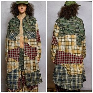 POL Women's Mixed Pattern Utility Jacket in Green and Red